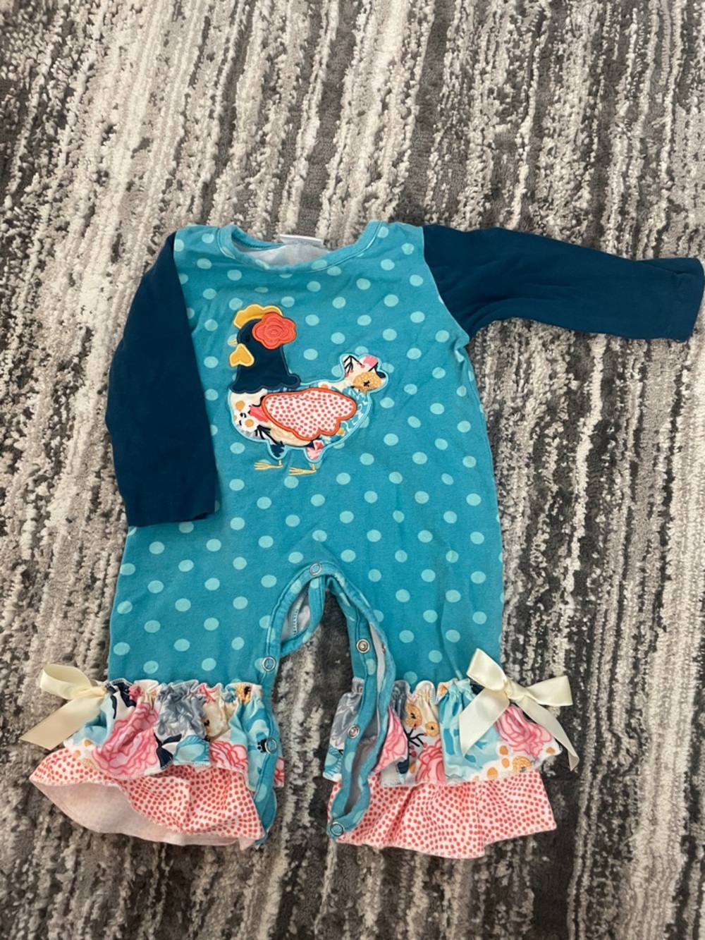 Turquoise Polka Dot Ruffle Baby One-Piece with Rooster Applique